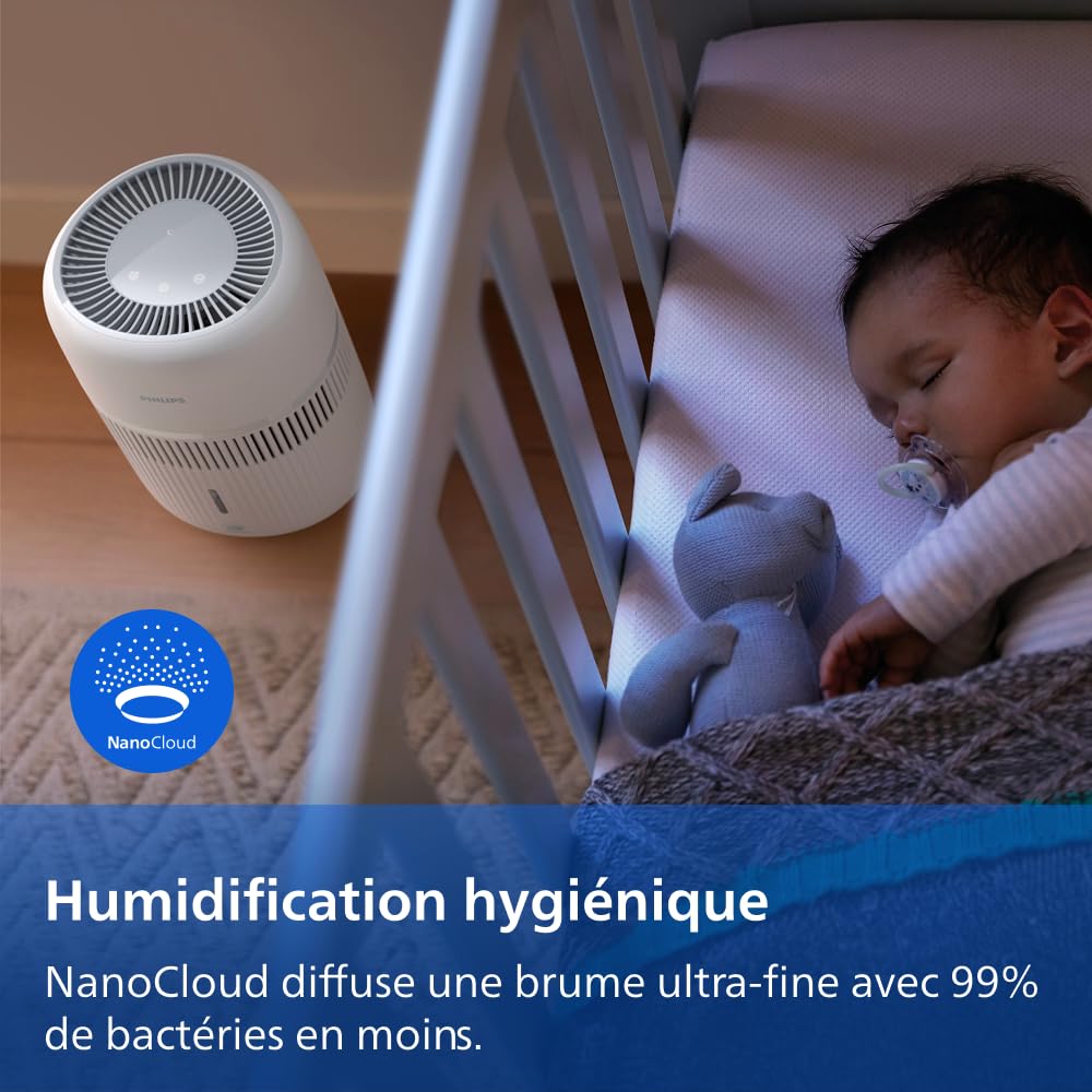 Philips Humidificateur d'air Série 4000 - Humidificateur Intelligent et Hygiénique, jusqu’à 41 m², Ultra-silencieux 6 dB, Capteur d’humidité, débit de 275 ml/h, Réservoir 3,5L, Blanc (HU4209/00)