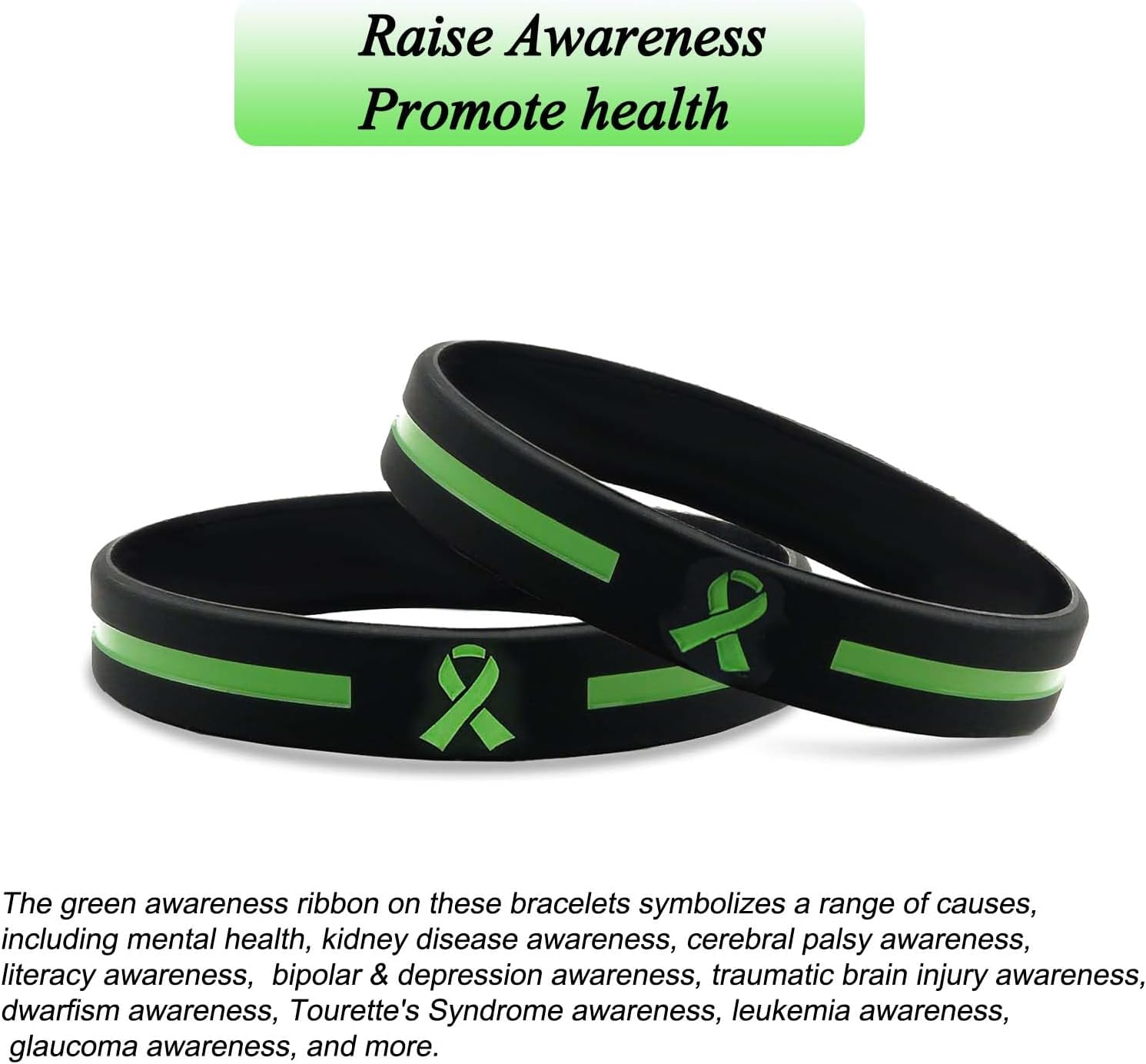 Temogole 60 Pcs Mental Health Awareness Bracelets Bulk Items Accessories Green Awareness Ribbon Silicone Wristbands Hodgkins Lymphoma Awareness Products Unisex Wristbands for Men Women Green