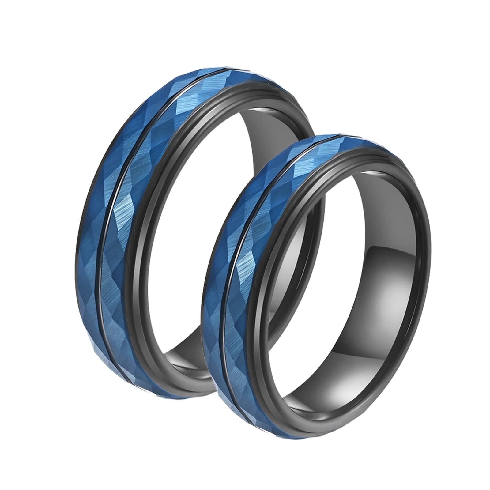 Epinki 2 Pezzi Anelli Fidanzamento, Anello Coppia 5MM Geometrico Blu Nero Tungsteno Anello per Matrimonio