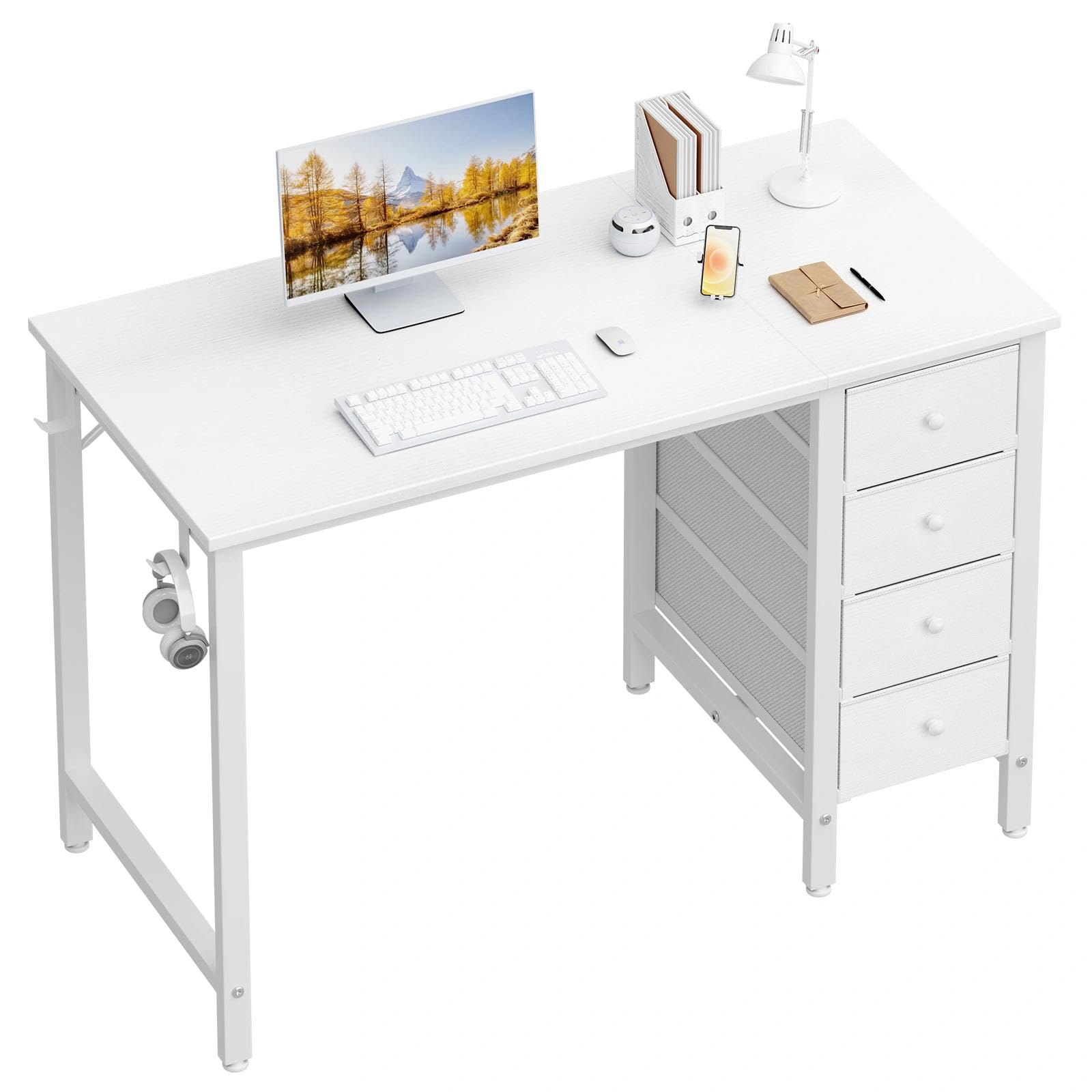 Lufeiya Small White Desk with Drawers for Bedroom, 40 Inch Kids Girls Study Desks, Reversible Computer Writing Nail Table with Fabric Drawer for Small