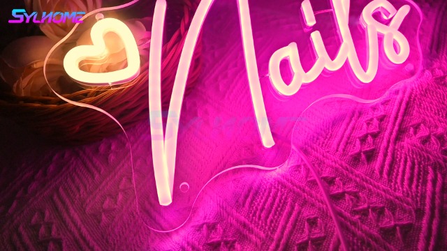 Image of SYLHOME Led Neon Light Sign Nails With Heart Nail Studio Beauty Salon Business Makeup Room Wall Sign Decor Birthday Party Backdrop 11.81 inch X 6.7 inch USB