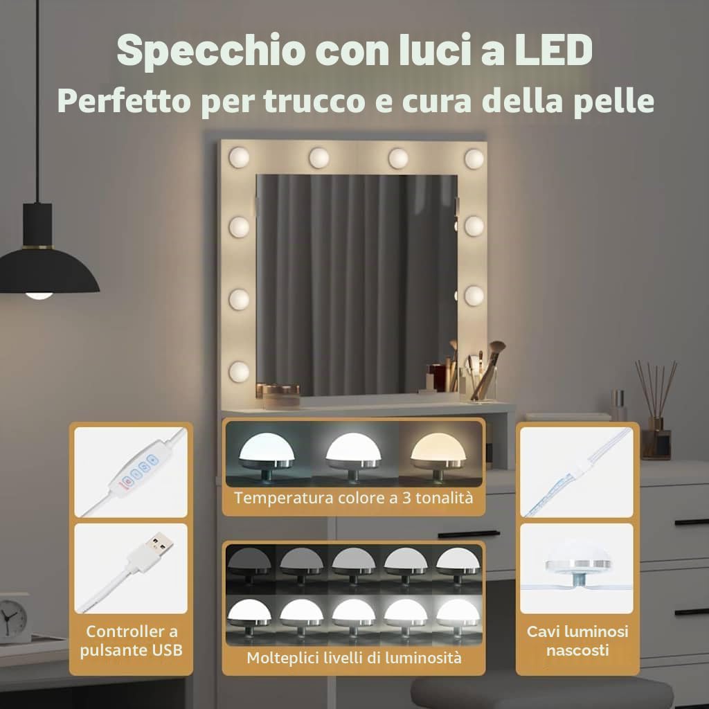 vidaXL Tavolo da Trucco Bianco 50 x 41 x 135 cm Legno multistrato, Comò Elegante per Camera, Vanity Moderna con Cassetti, Specchio LED e Organizer Compatto per Info Personali
