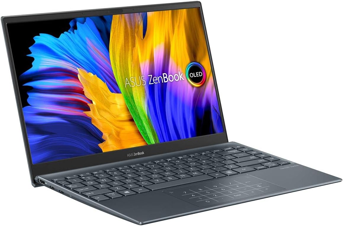 ASUS ZenBook 13 OLED Ultra-Slim Laptop, 13.3” OLED FHD NanoEdge Bezel Display, AMD Ryzen 7 5700U, 8GB LPDDR4X RAM, 512GB PCIe SSD, NumberPad, Wi-Fi 5, Windows 10 Home, Pine Grey, UM325UA-DS71