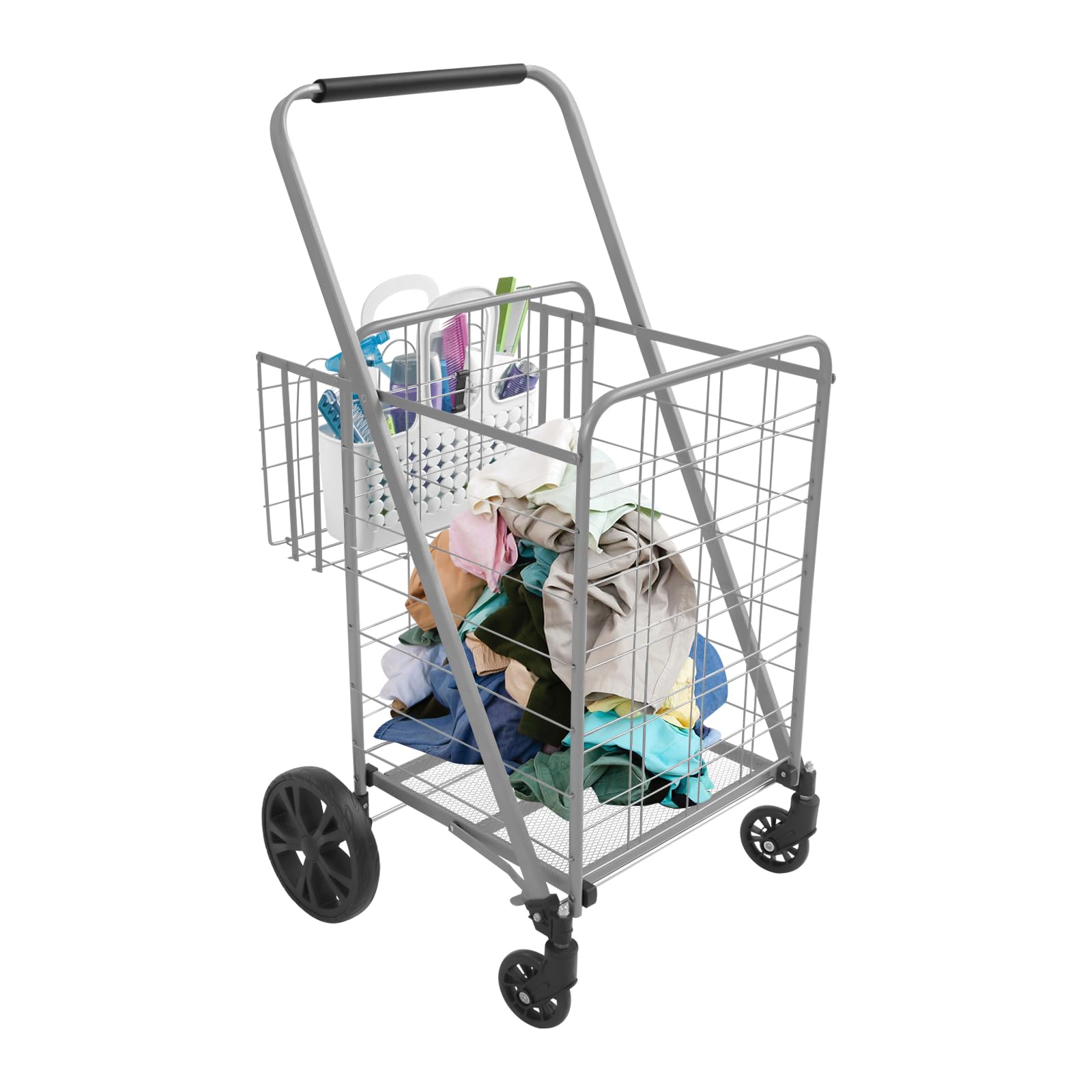 Carrello per la spesa, pieghevole, doppio cestino per la spesa, in ferro, portatile, con ruote fino a 50 kg, per biancheria, shopping, bagagli
