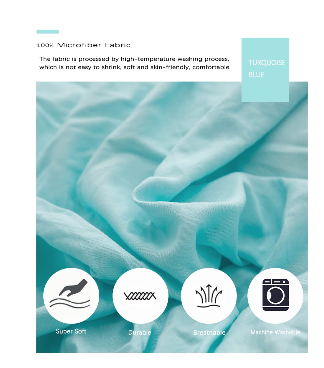Set copripiumino per letto matrimoniale, 100% microfibra lavata, set copripiumino 2 pezzi, con frange a tinta unita, morbido e traspirante, con chiusura a cerniera e lacci angolari (Twin, turchese)