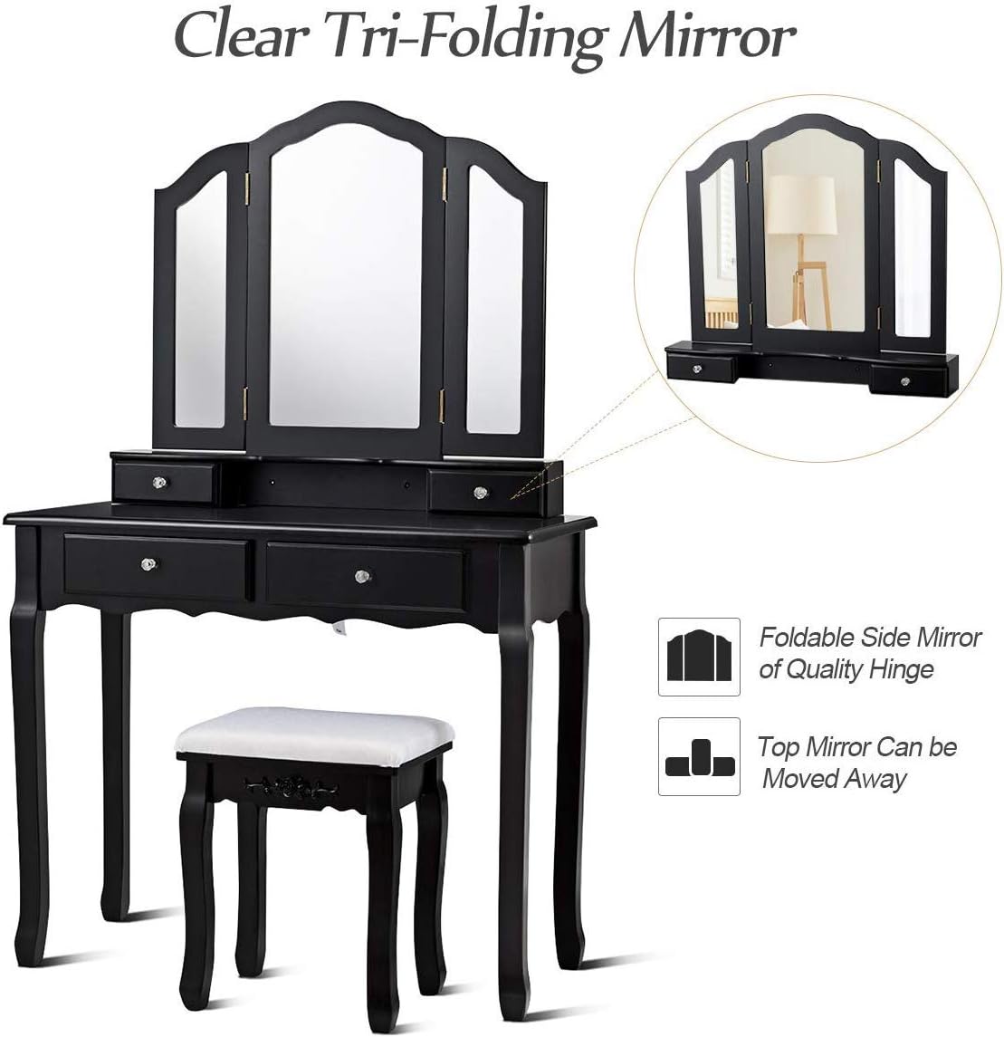 ReunionG Vanity Set with Tri-Folding Mirror and 4 Drawers, Vintage Makeup Vanity Dressing Table, Dresser Desk with Cushioned Stool, Bedroom Bathroom Organizers for Girls and Women (Black)
