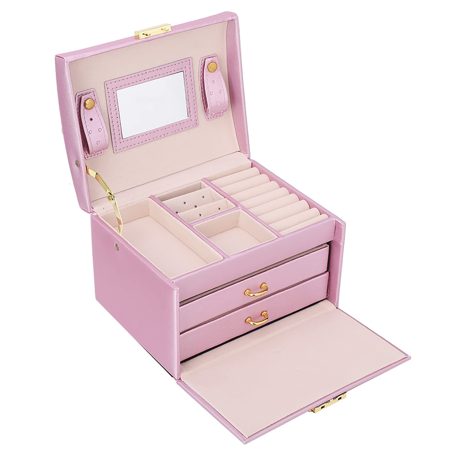 Boîte à bijoux rouge à 3 niveaux JEOZBM - Coffret verrouillable 19cm avec miroir