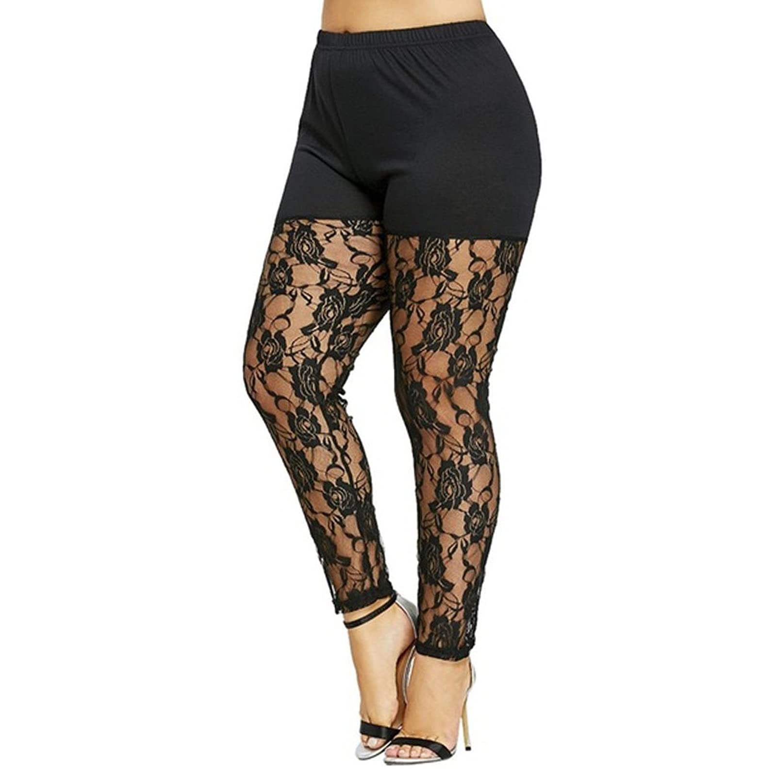 Lace Leggings for Women Plus Size High Waisted Yoga Pants Elastic Waist  Floral Sexy Footless Tights Clubwear