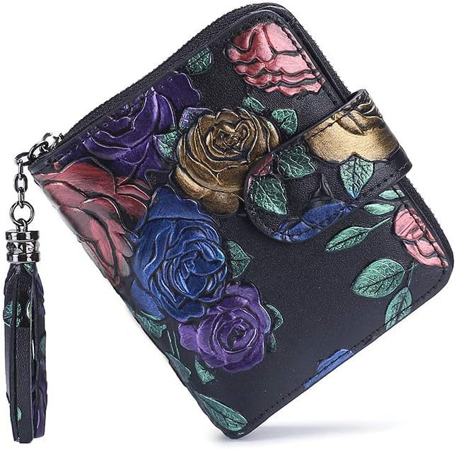 aolasoLadies Purse with 3D Stereoscopic Rose Pattern, Leather Womens Small Bifold Wallet RFID Blocking Zipper Clutch Wallet with Card Slots, Coin Pocket Womens Gift