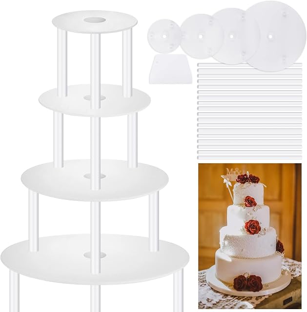 Cake Dowels for Tiered Cakes, 18 Pcs Thicken Cake Dowels Rods (24cm) with 4 Cake Boards, Tiered Cake Stand, Plastic Dowel Rods, Round Cake Board Cake Tier Supports, Cake Dowels for Tiered Cake Support
