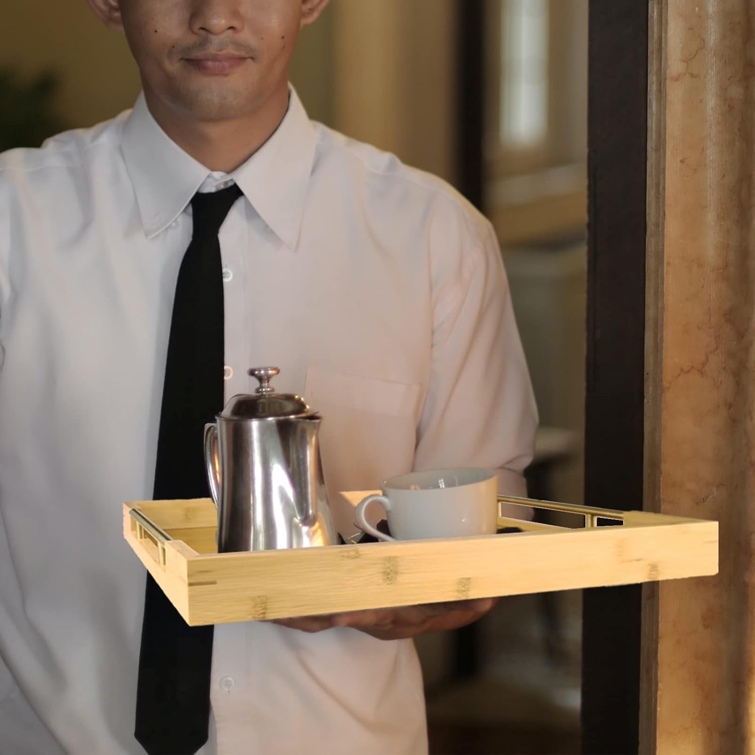 Bamboo Wood Serving Tray with Gold Polished Metal Handles, Decorative Tray Platter Coffee Table Tray Rectangular Wooden Breakfast Tray for Ottoman, Kitchen, Bedroom, Lap &Couch - 15x10.4 Inch - Image 8