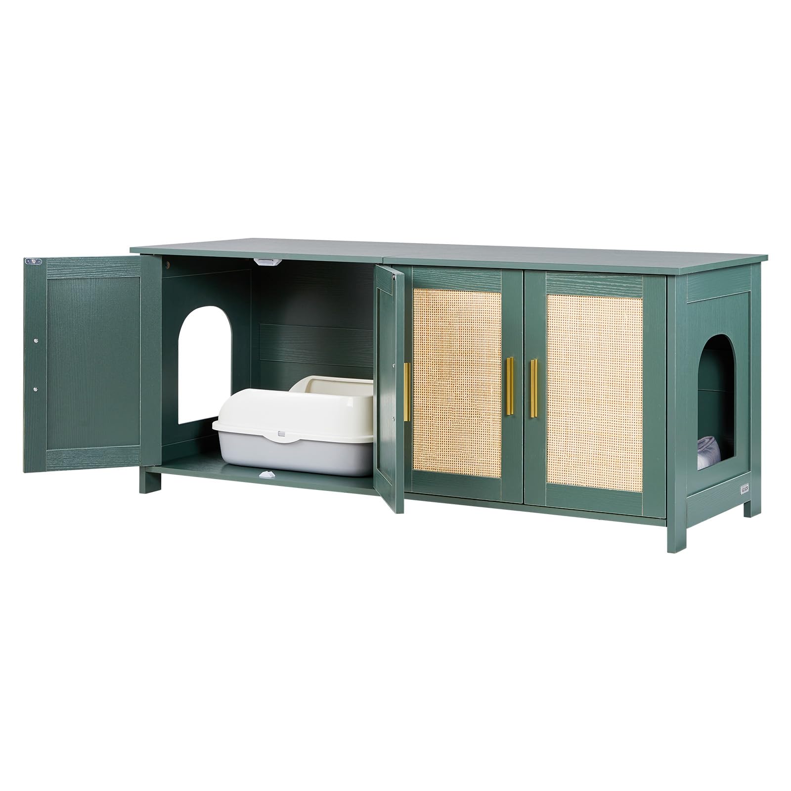 VEVOR Katzenschrank, 1200x450x500 mm, Katzentoilette mit 4 Rattantüren & 2 Eingängen, Katzenklo Schrank für den Innenbereich, Katzenhaus passend für die meisten Katzentoiletten, grün