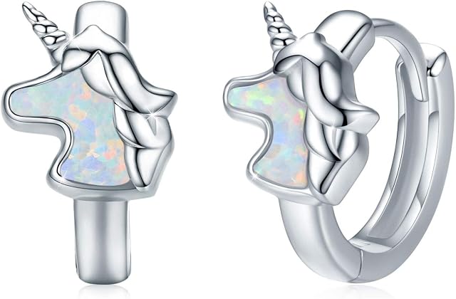 Unicorn Hoop Earrings 925 Sterling Silver Opal Unicorn Earrings for Girls Unicorn Jewellery for Women Kids