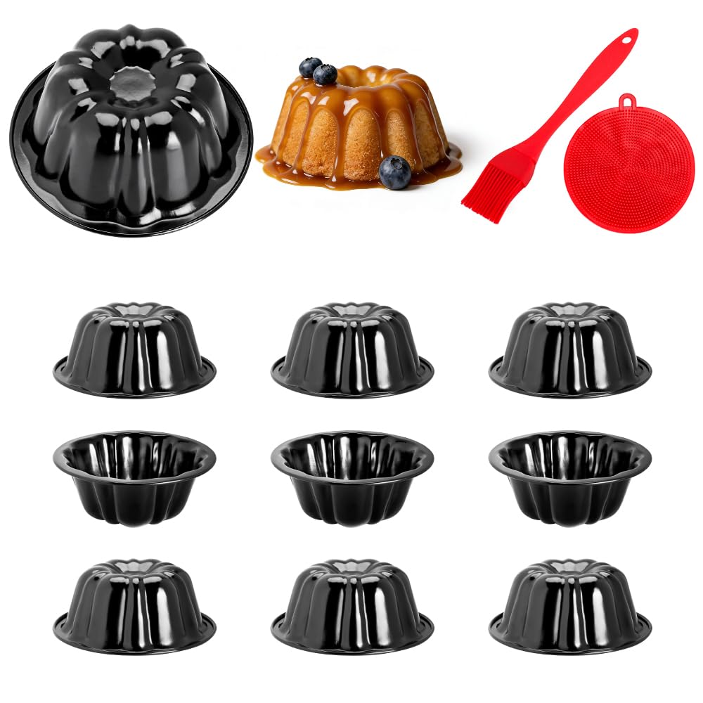 Quyimy 10 Pcs Mini Fluted Ring Cake Tin Moulds, 11.5cm Cup Non-Stick Carbon Steel Ring Cake Mould for Individual Desserts, Angel Cake Pan for Baking Small Cakes, PFOA Free, Dishwasher Safe