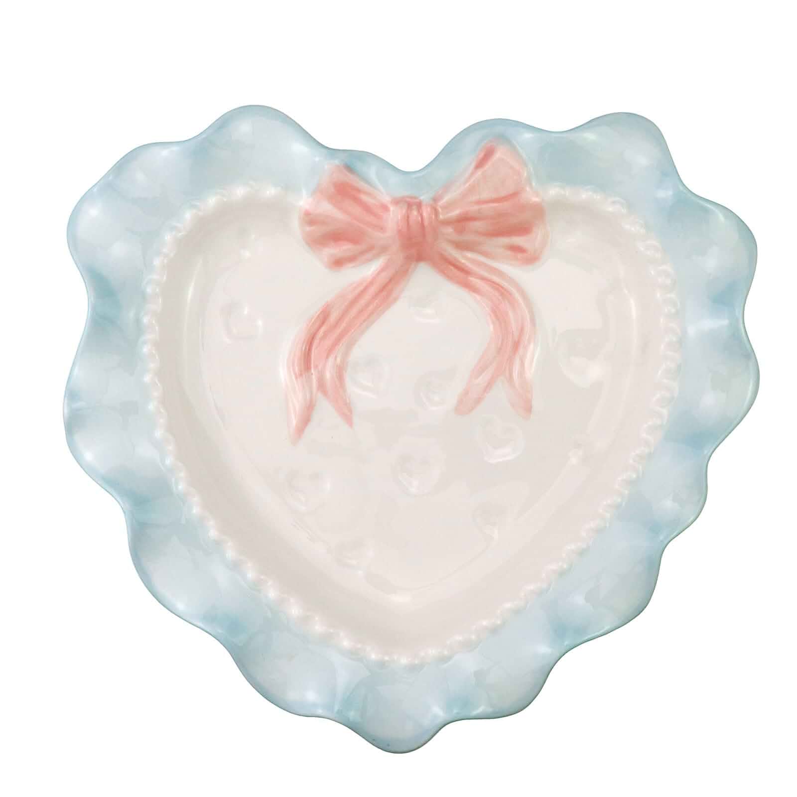 Bitray 1Pcs Lovely Ceramic Heart Shaped Dessert Plate Wavy Lace Plate Blue Cute Ceramic Plate丨Salad Plates丨7.7"x7.3" Size丨Blue Lace Wave Edge丨Pink Bow Design丨Party Decoration丨for Fruit Candy Grain