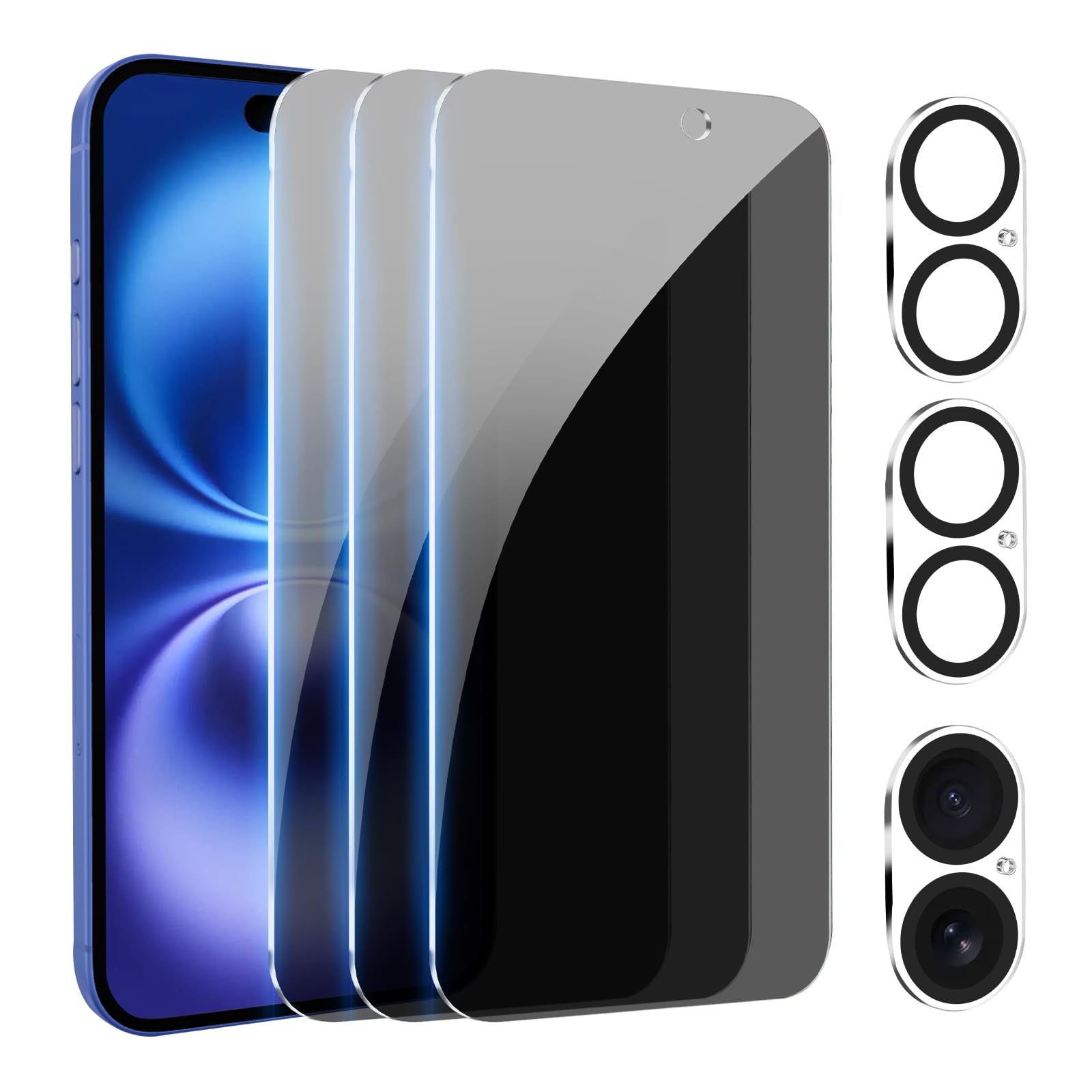 PEHAEL 3+3Pack for iPhone 16 Plus Privacy Screen Protector with Camera Lens Protector Full Coverage Anti-Spy Tempered Glass Film 9H Hardness Easy Installation Bubble Free [6.7 inch]