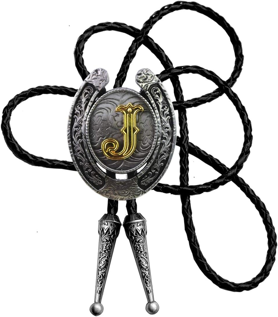 Moranse Bolo Tie Golden Initial Letter A to Z In Western Cowboy Horseshoe Style with Cowhide Rope Necktie