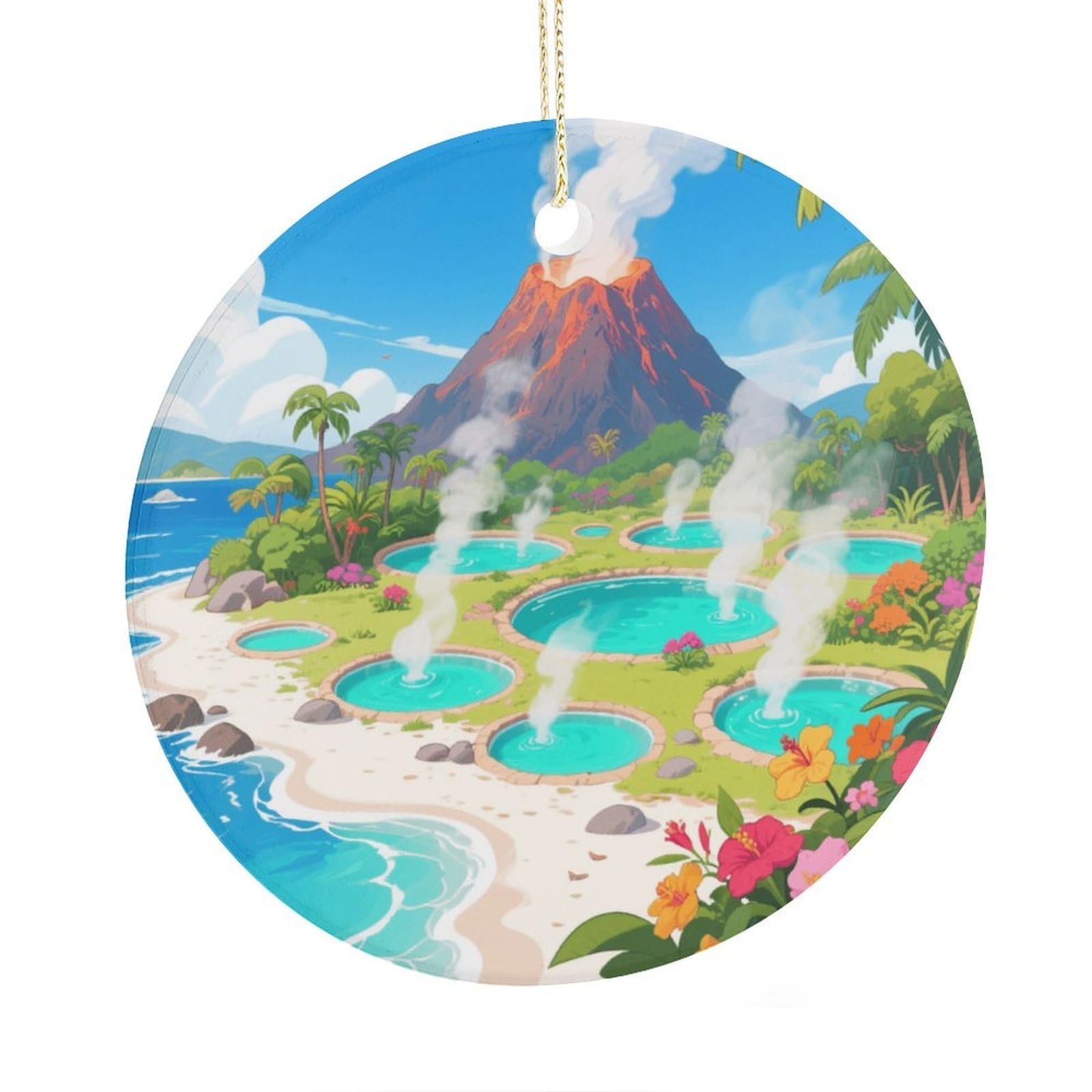 Fekiloot Style Hot Spring Volcanic Island Christmas Ornaments 2.9 Inch Round Ceramic Ornament Keepsake Thank You Gifts For Office, Room, Home - Holiday Present Ideas