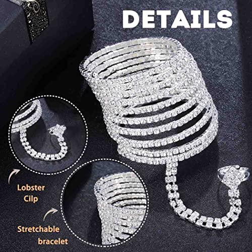 Rhinestone Hand Harness Sparkle Crystal Hand Jewelry Silver Shiny Finger Ring Bracelets Full Hand Link Bracelets Hand Chain Hand Accessories for Women(Silver-5)4