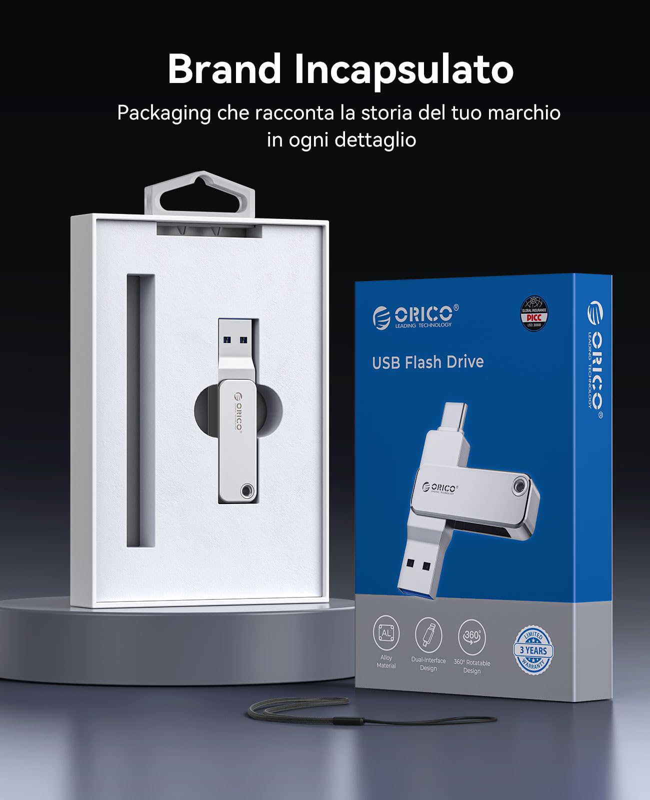 ORICO Chiavetta USB 256 GB, Mini Chiavetta USB 3.2 Gen 1 (Doppia USB-C/USB-A), Pen Drive Portatile, Lettura 150 MB/s, Compatibile con iPhone 15/16/17, Android, Tablet, Laptop -EB05