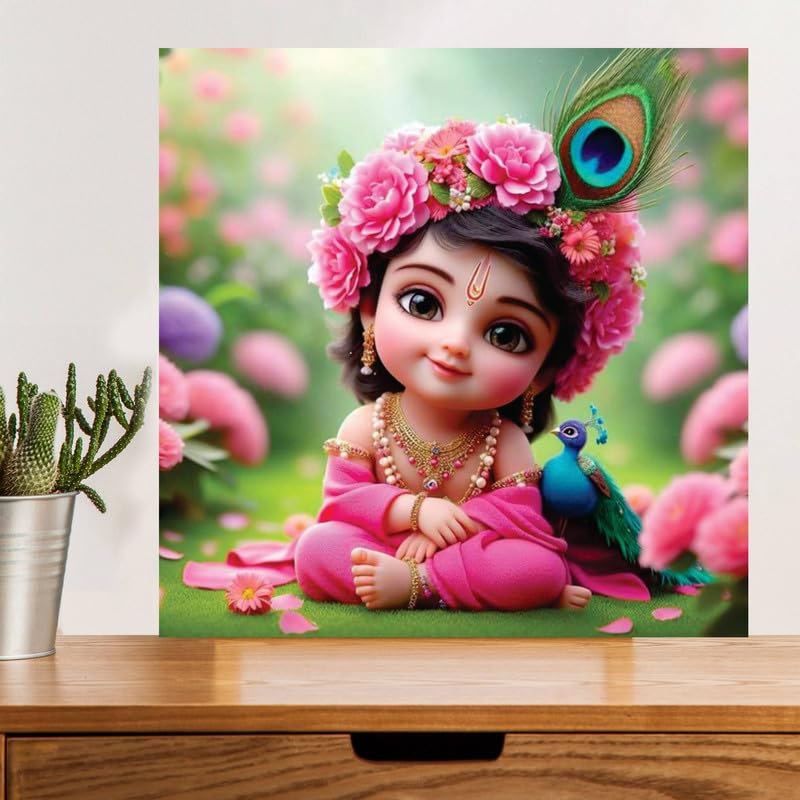 Image of British Terminal Cute little Bal Gopal Baby God Krishna| Kanha Ji | Laddu Lord Makhan Chor Painting Religious Poster for Pregnant Women for wall (matt thin vinyl,sticker,multicolor,unframed)| bj157