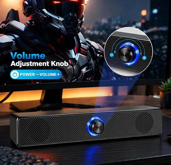 Image of 10W USB Powered Soundbar Speaker for PC, Laptop & Desktop, 2.0 Channel Stereo, 52mm Dual Drivers, AUX 3.5mm Input, Plug & Play with Volume Control | Black