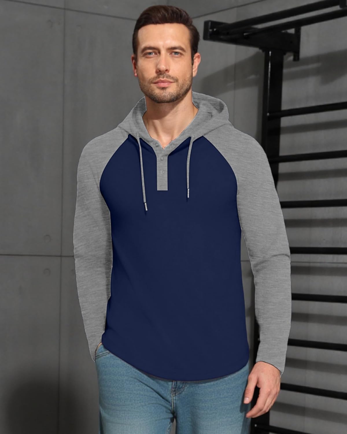 KUYIGO Mens Hoodie Long Sleeve Casual Athletic Workout Fashion Pullover Hooded Contrast Collar Sweatshirt with Drawstring - Image 3