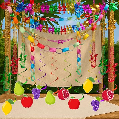Watayo 220 Pcs DIY Sukkot Hanging Garland Decorations Sukkah Decoration Fruit Hanging Strings Ornaments Sukkot Paper Chain Strips Fruit Garlands Foil Banner for Jewish Holiday Party Decor