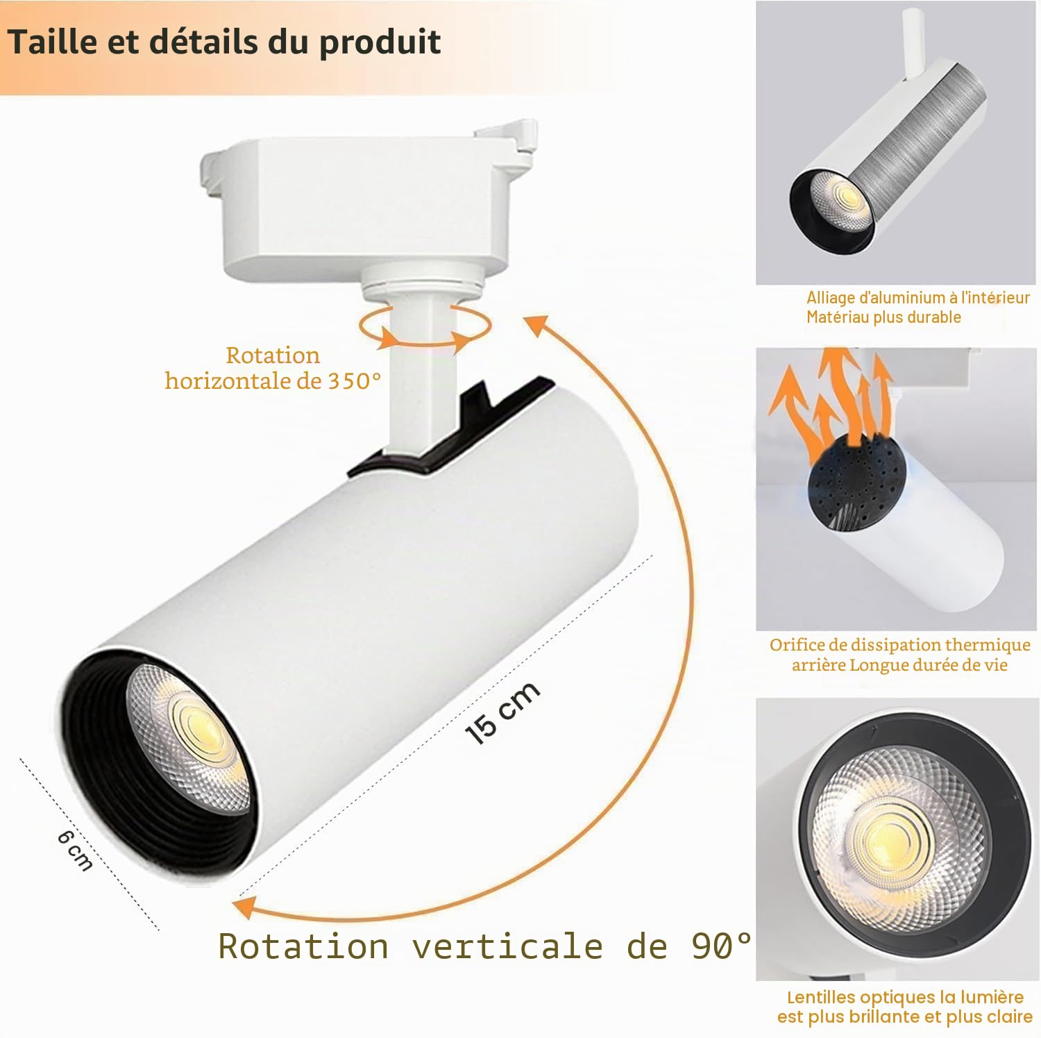 Kit d’éclairage sur rail, 6 spots extensibles 2x1m, rails type H, 20W 4000K blanc naturel, projecteurs plafond