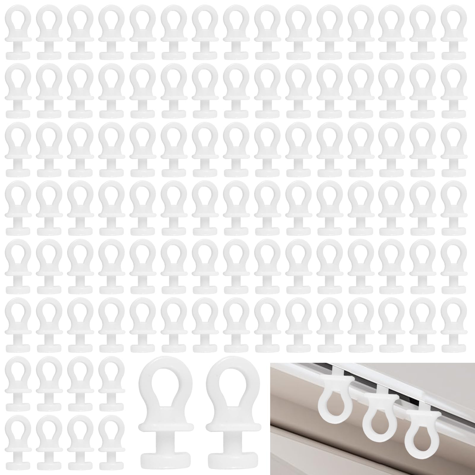 Solvio White 100 Pcs Curtain Track Gliders - Heavy Duty Plastic Curtain Rail Sliders, Silent Smooth Running Glider Hooks For Windows, Shower, Caravan & Rv Tracks (Universal Fit)