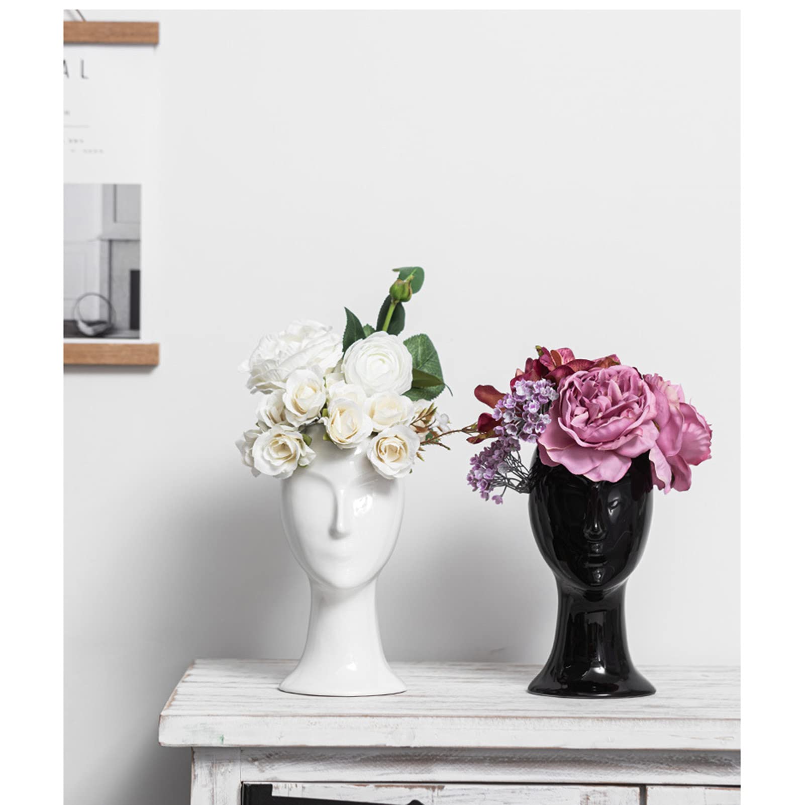 Keramik Vase Weiß Schwarz 2er Set,Modern Kreative Design Vase Gesicht,Kleine Blumenvase Moderne Tischvase,Ideal Zur Lagerung von Blumen&getrocknete Blumenvasen Deko Wohnzimmer,Schlafzimmer