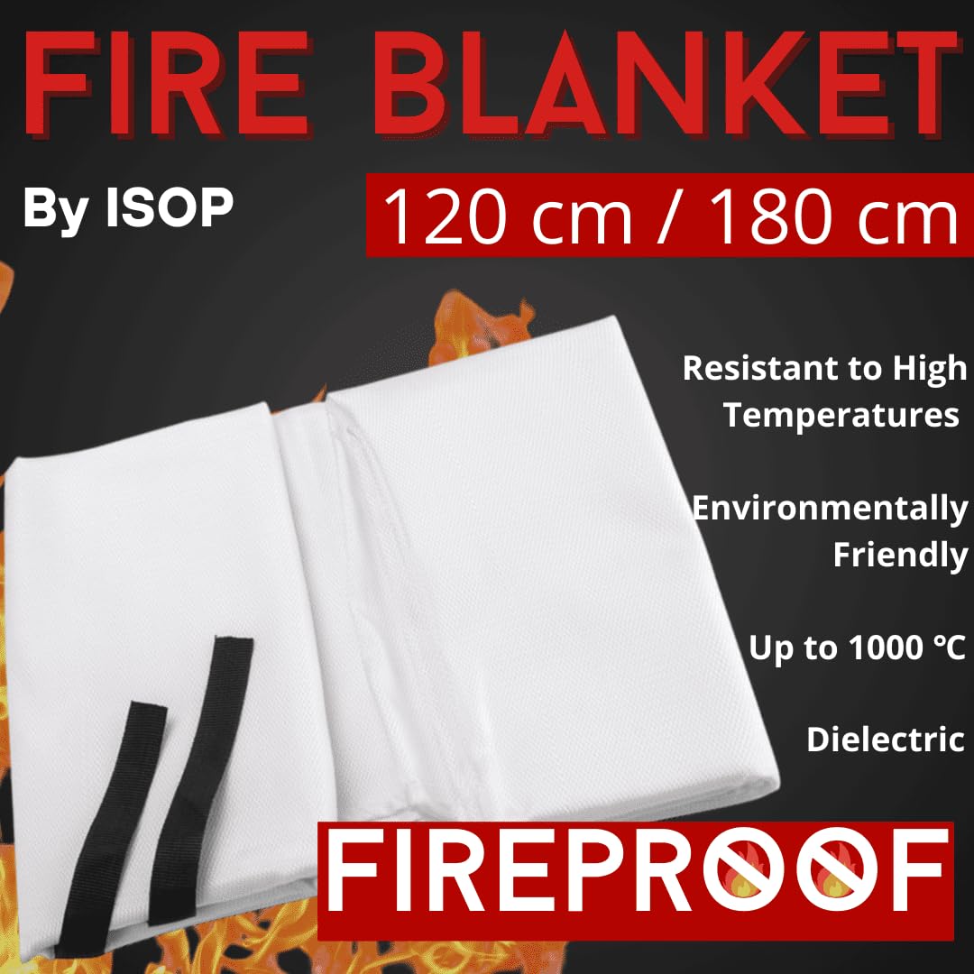 ISOP Couverture Anti-feu d'urgence 120 x 180 cm pour Cuisine, Oppression, Couverture de sécurité Ignifuge pour la Maison, l'école, la cheminée, Le Barbecue, la Voiture, Le Bureau, l'entrepôt