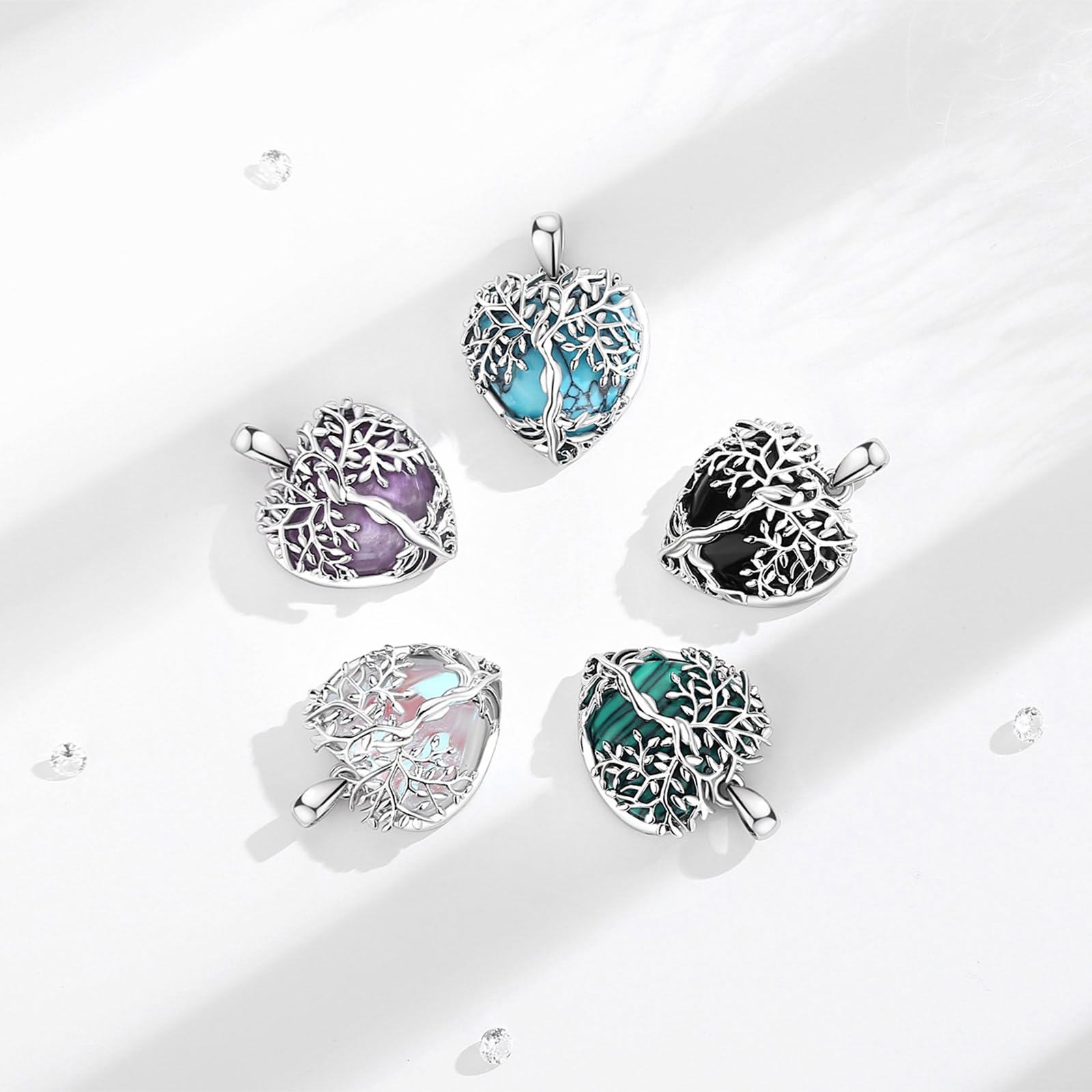 AEONSLOVE Collier Arbre de Vie avec Cristal pour Femme Pendentif Arbre de Vie avec Améthyste Malachite Collier Cristal de Guérison Pendentif Pierre de Lune Obsidienne Bijoux en Turquoise