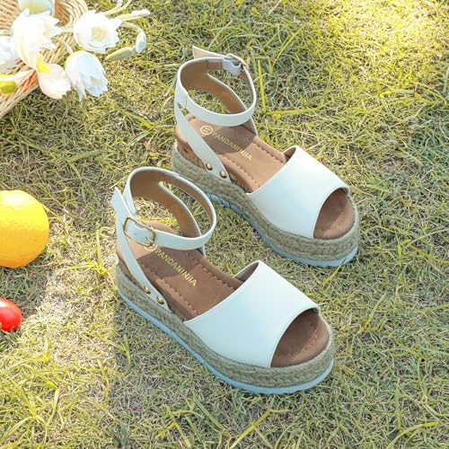 Image of PANDANINJIA Girls Sandals Wedge Platform Espadrille Open Toe Summer Little Big Kid Flower Girl Heels Dress Shoes
