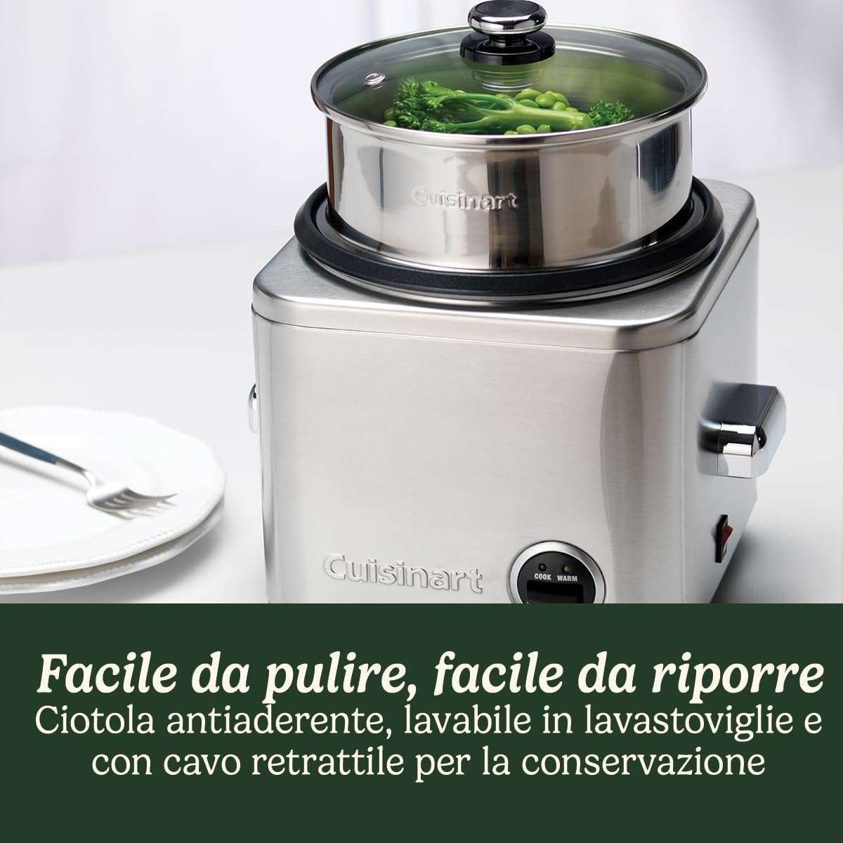 Cuisinart Cuociriso Multifunzone | Cuoce a vapore e mantiene al caldo | Cavo retrattile | Recipiente Antiaderente e Cestino in Acciaio Inox senza BPA | Fino a 400g di riso, 6 Porzioni
