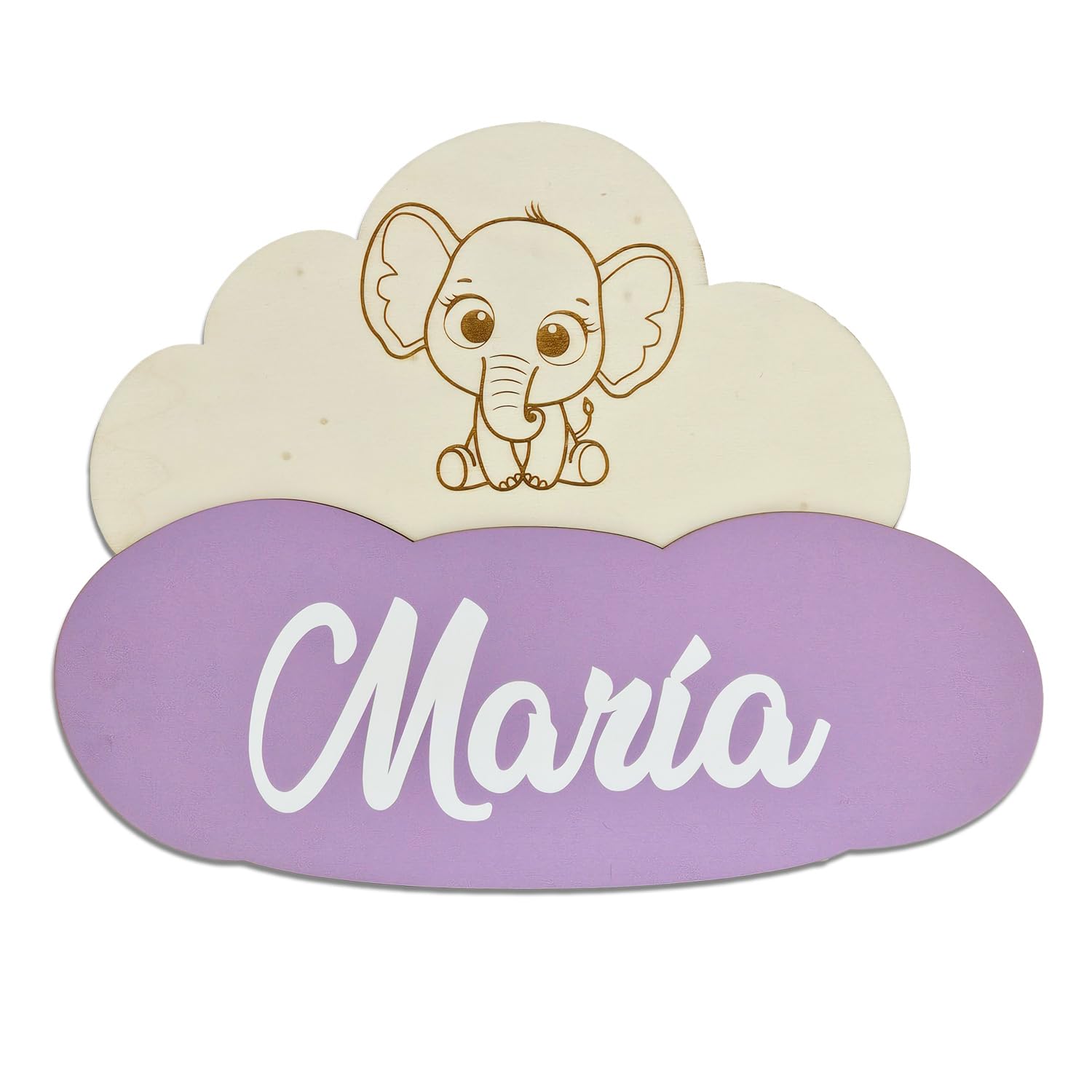 Nombre Decorativo Infantil de Madera Personalizado, forma de nube de 30x25cm, para decorar habitaciones, paredes y puertas. Regalo original para nacimientos, cumpleaños, comuniones y bautizos