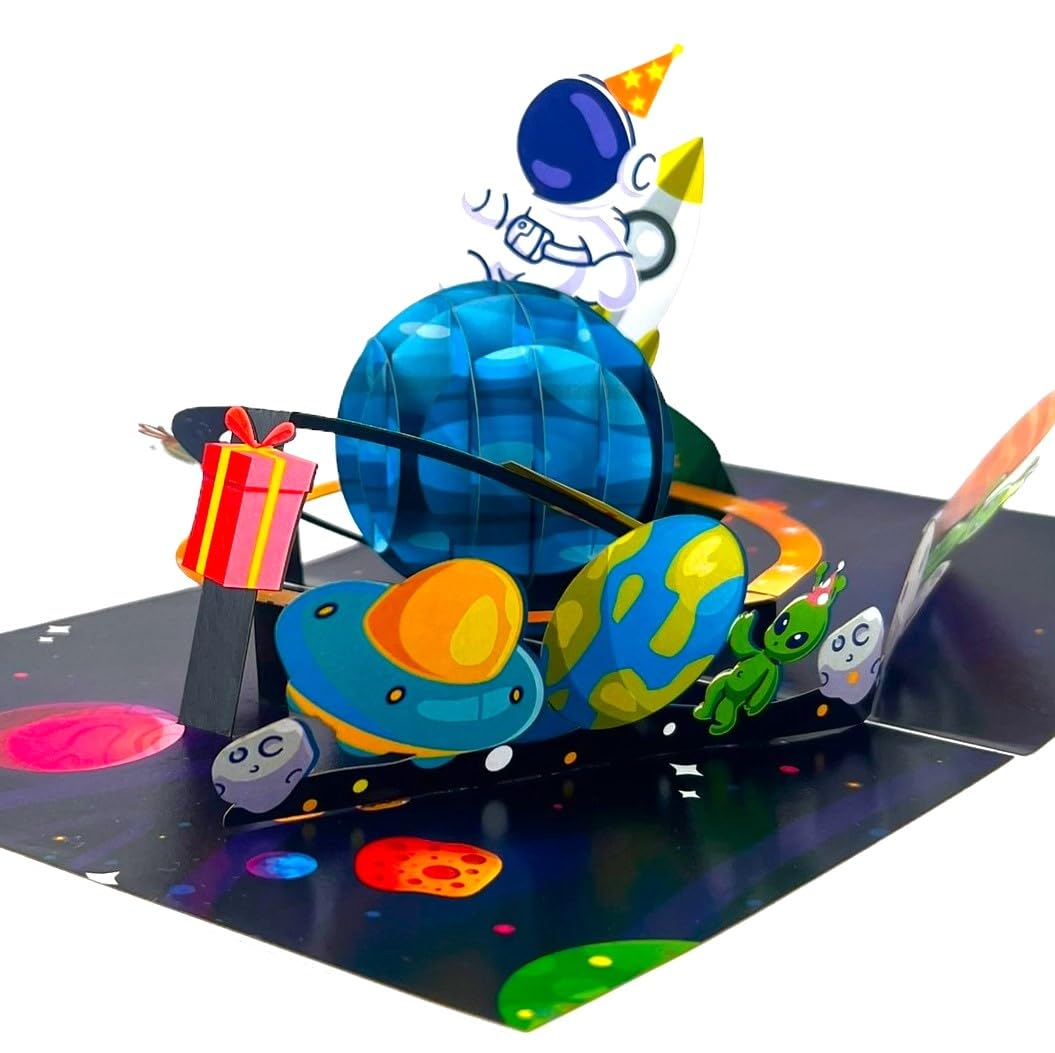 BC Worldwide Ltd handmade 3D Pop Up Card Astronaut Rocket Alien Space Planet Happy Birthday Celebrations