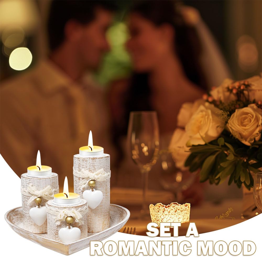 Set di 3 Portacandele in Legno con Vassoio a Cuore e Campana Spegnicandela Candelabri decorativi per Tealights per Compleanni,Matrimoni,Cene Romantiche,Natale e Decorazioni da Tavolo