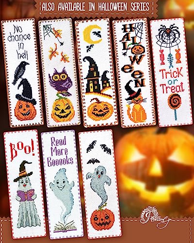 Image of Povitrulya Counted Cross Stitch Bookmark Kit 'Pumpkin Ghost' - DIY Embroidery Set for Adults