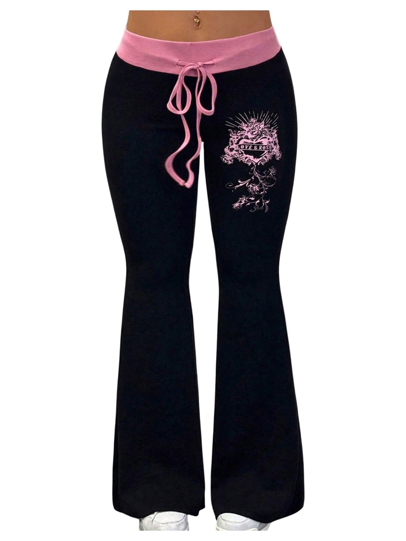 WDIRARA Womens Plus Size Graphic Flare Pants Bell Bottom Sweatpants Streetwear