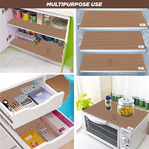Image of Polyester Fridge Top Cover with Side Pockets & Set of 4 Refrigerator Mats | 3-Layered Washable Dustproof Kitchen Covers (Check Brown, Cover:- 39x21 Inch, Mat:- 17.5x11.5 inch)