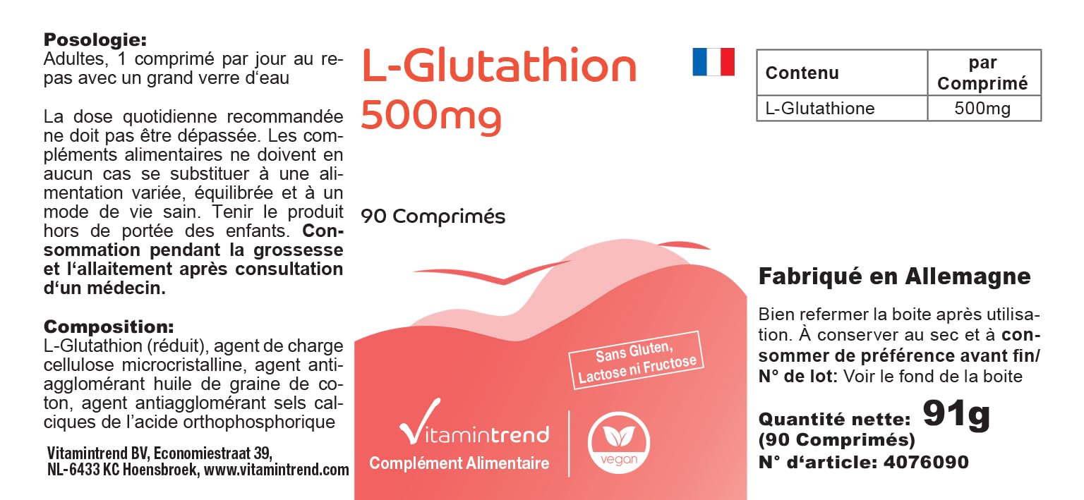 Vitamintrend L-Glutathion 500 mg, 90 comprimés, hautement dosé, complément alimentaire végan sans stéarate de magnésium, fabriqué en Allemagne