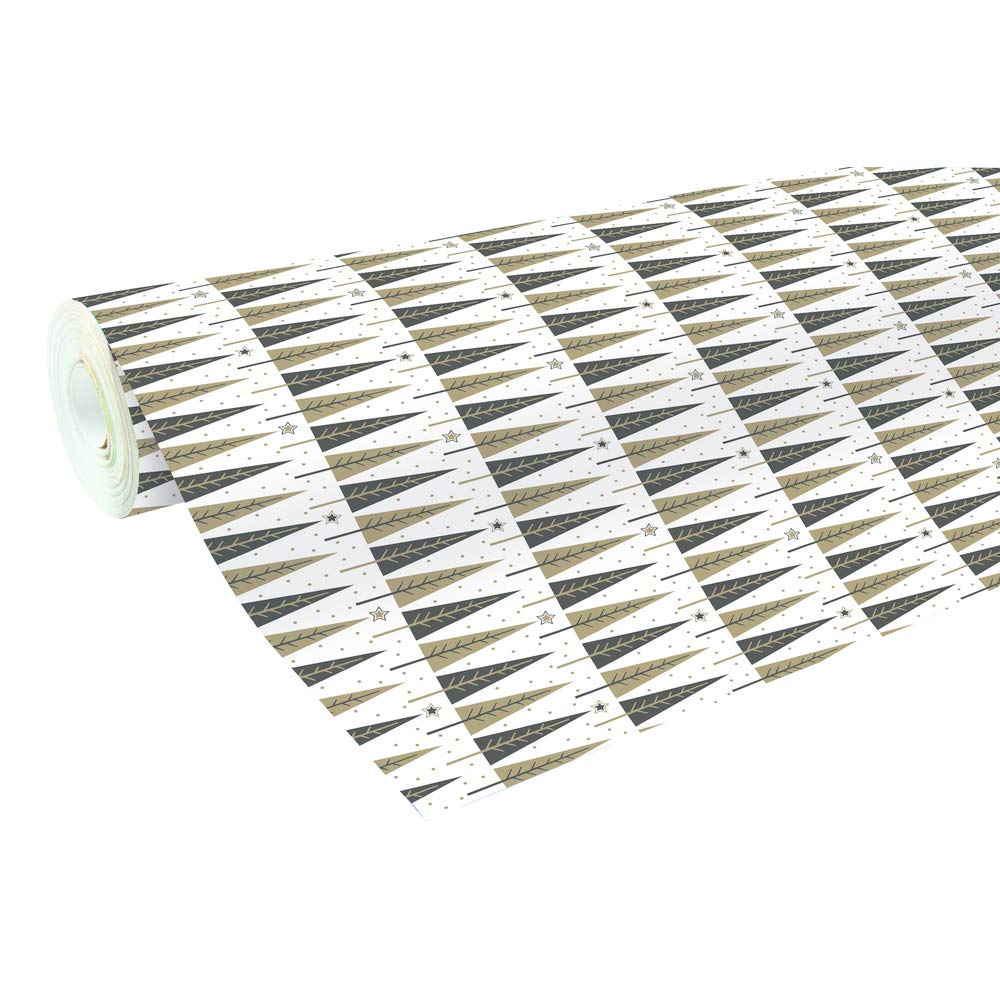 Clairefontaine 201340C - Reel of Wrapping Paper - Wedding Ring Paper 60g - Format: 50x0,70m - Pattern: Black/Gold Christmas trees, White background, Christmas
