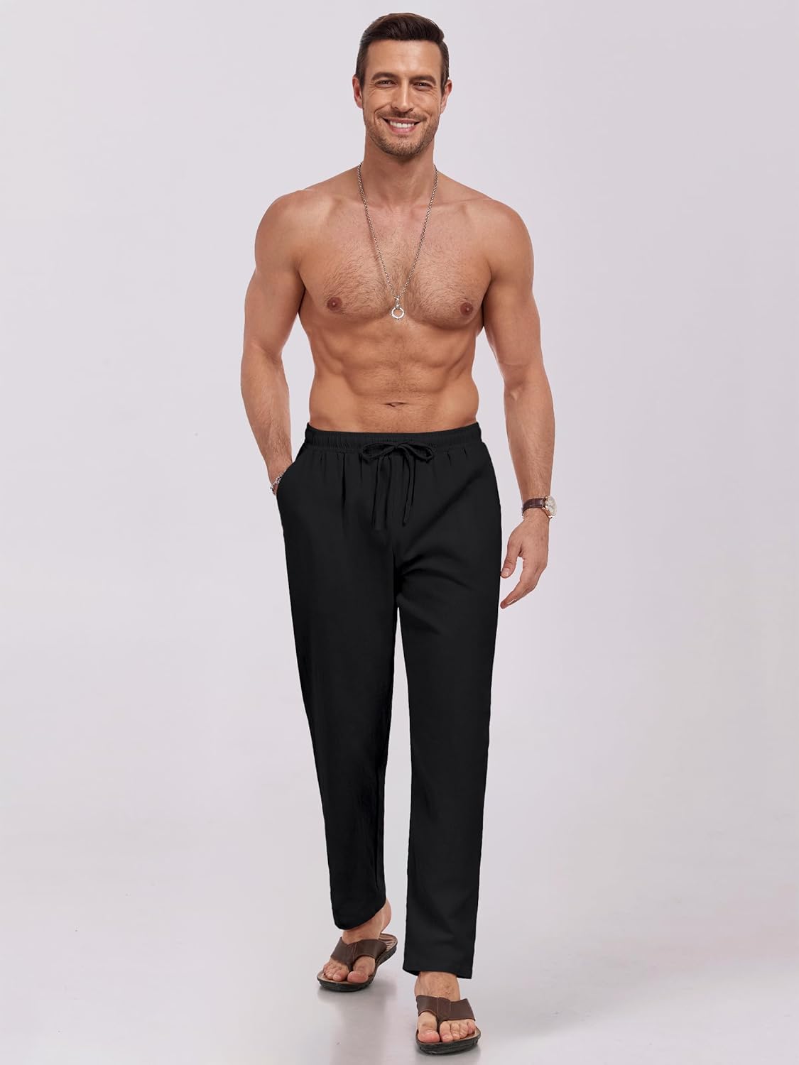 Puimentiua Mens Linen Pants Casual Drawstring Loose Lightweight Mens Pants Yoga Summer Beach Trousers - Image 7
