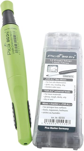 Pica Big Dry 1x Marker + 12 Refills 6030 for All Construction mined Graphite, 6060+6030