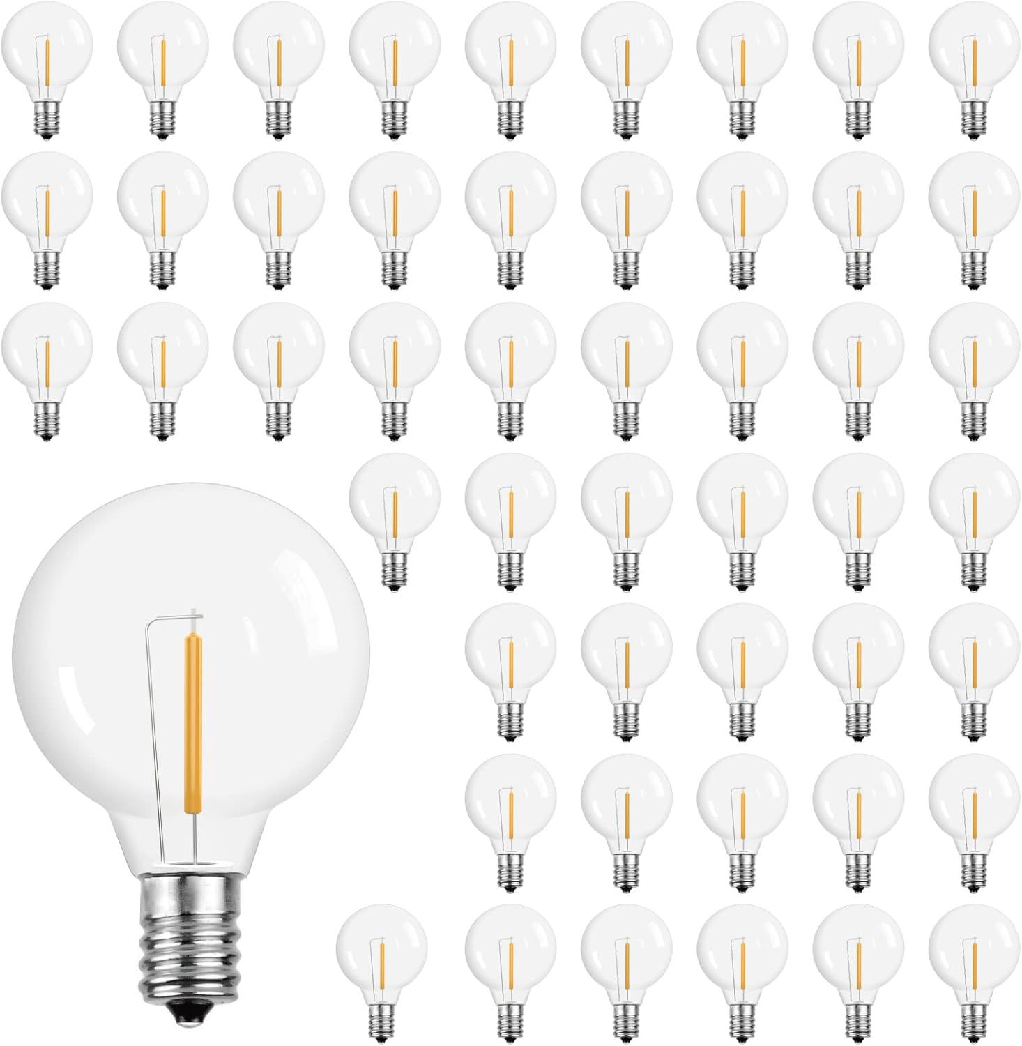 G40 LED String Light Bulbs,1.57 Inch Plastic LED Globe Patio Bulbs for Outdoor String Lights, E12 Candelabra Socket Base,1 Watt Equvalent to 5Watt Incandescent Bulbs,Warm White, 50Pack