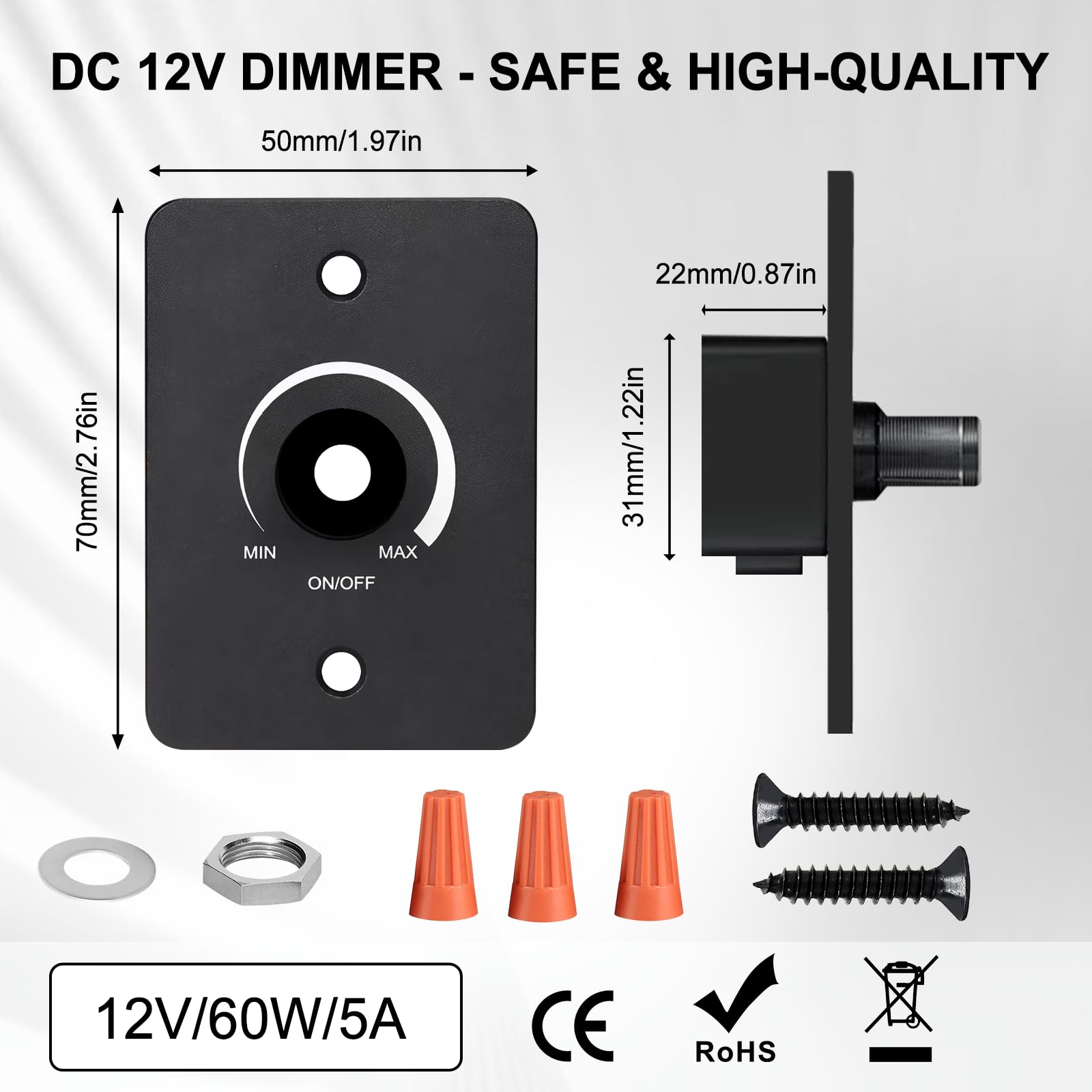 Regulador Intensidad LED DC 12V 5A PWM Dimmer Compatible con LED, incandescentes, halógenas etc, Interruptor Regulador de Luz Regulación de luz sin escalas, Fácil de instalar