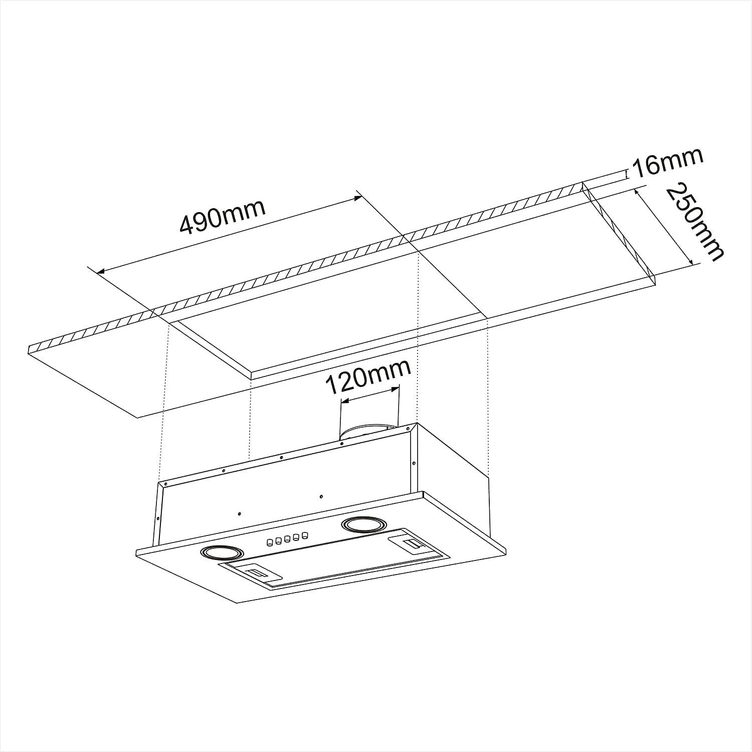 Installation diagram showing the N2 52cm Built-in Kitchen Hood being mounted into a cabinet, with cutout dimensions.