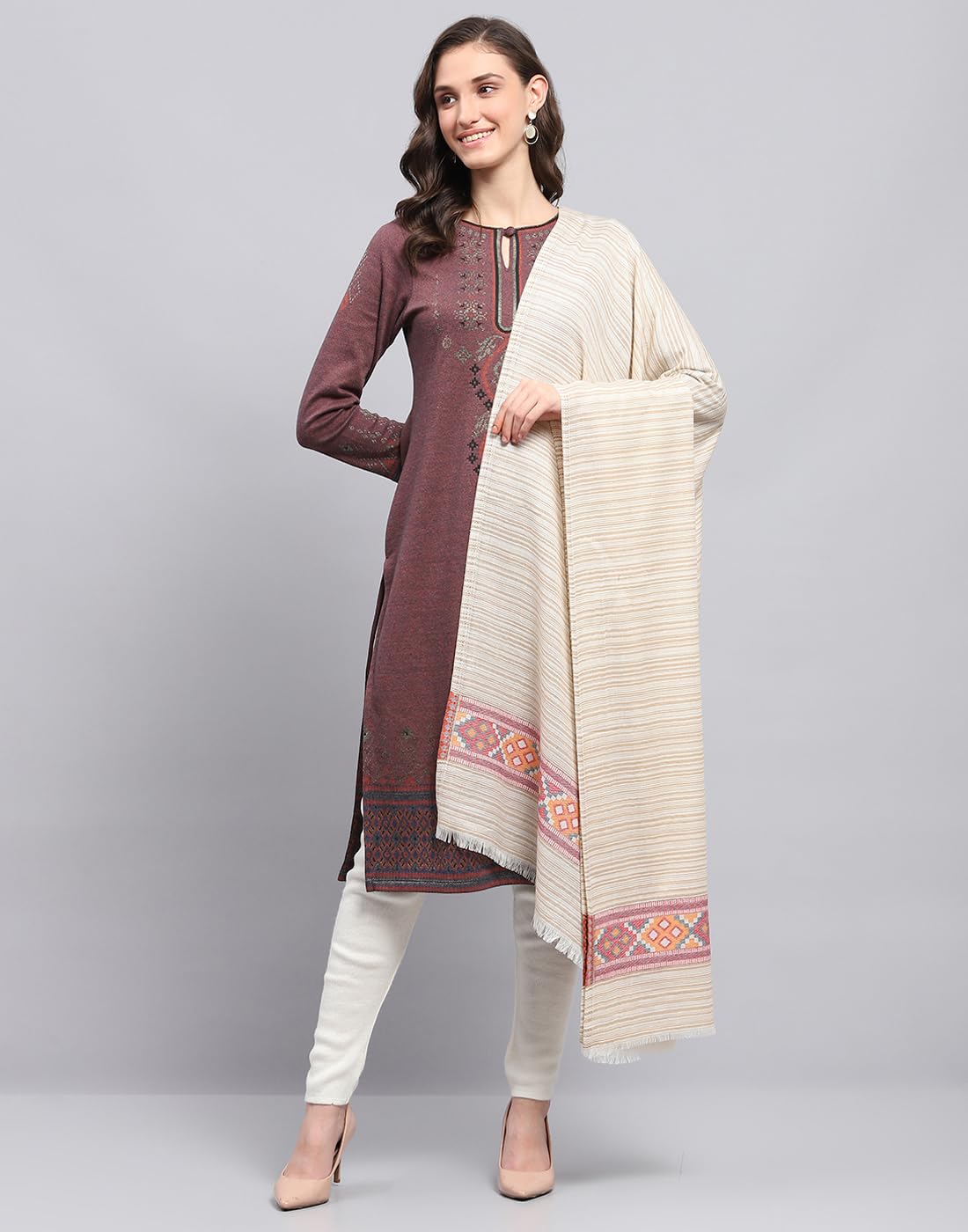 Monte Carlo Womens Self Design Beige Shawl (224SHW7098-0-40) 2