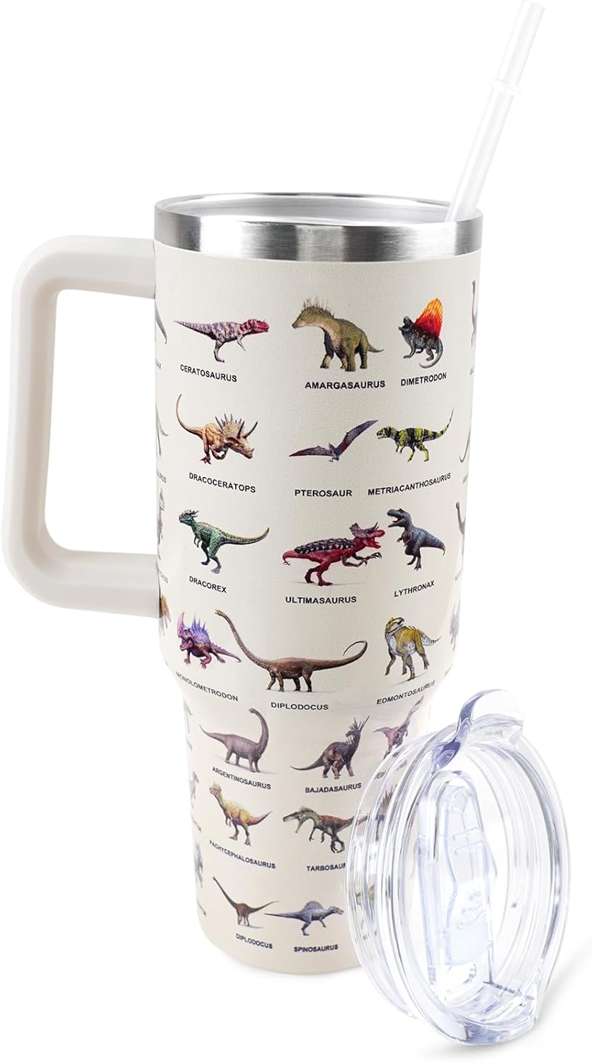 Lencenser Dinosaur Cup 40 oz Tumbler with Handle and Straw Lid Leak Proof - 40 oz Insulated Tumbler for Christmas Birthday Gifts for Women Friend Daughter Dinosaur Lovers